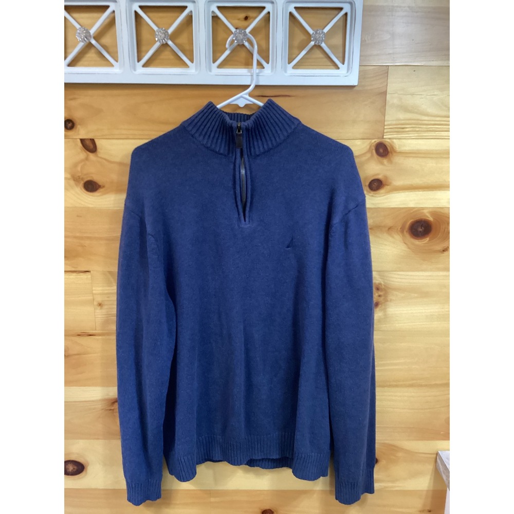 Nautica Mens XL Blue 100% Cotton Quarter Zip Mock Neck Pullover Sweater Classic